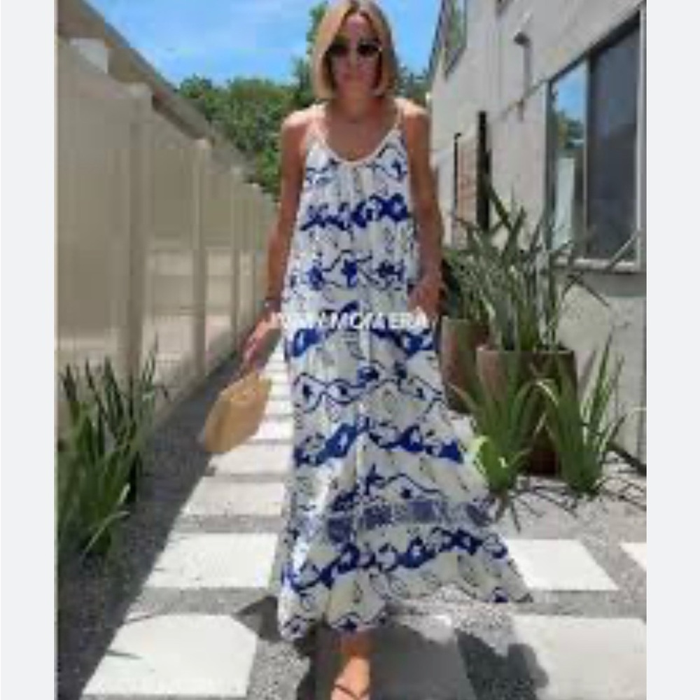 FARM Rio + Pitta Flowy Blue & White Maxi Dress Beachy Nautical Ocean Sundress M